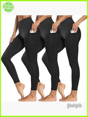 High Waist Tummy Control Leggings with Pockets, 3-Pack for Workout & Daily Wear